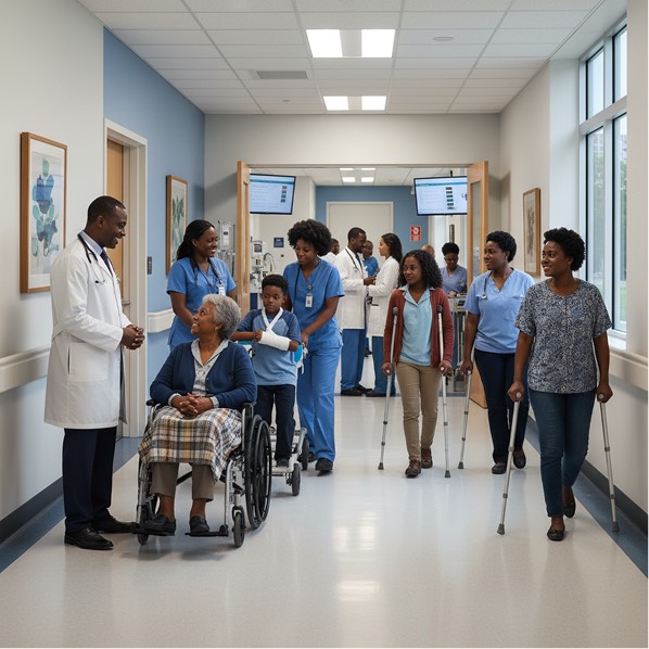 Hospital team supporting patients in a clinic corridor