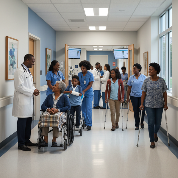 Hospital team supporting patients in a clinic corridor